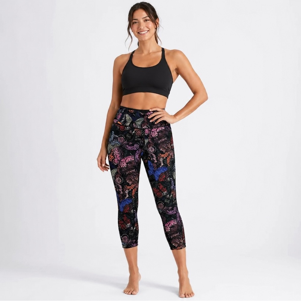 VOGO Athletica Black Capri Leggings with Multicolor Butterfly Print